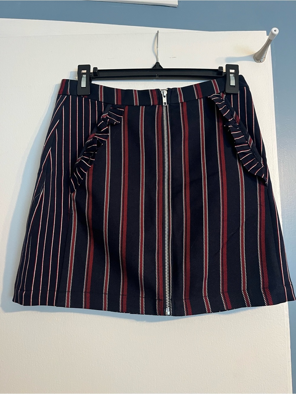 BCBGeneration Navy, Red and White Striped Mini Skirt with Front Zip